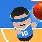 A cartoon character in a blue jersey with the number 10 is dunking a basketball into a hoop on a vibrant basketball court backdrop