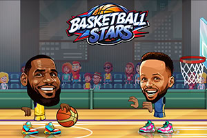 A vibrant cartoon illustration of two animated basketball players, one wearing a yellow jersey and the other in a blue shirt, each holding a basketball on a brightly colored court, with a cheering crowd in the background and a graphic logo above
