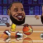 A cartoon-style illustration of two basketball players, one in a yellow jersey dribbling a basketball and the other in a red jersey, both characterized with exaggerated facial features and playful expressions on a basketball court