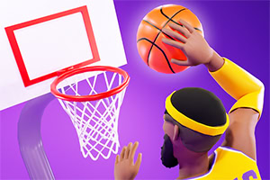 A stylized character wearing a yellow jersey and headband is about to shoot a basketball into a hoop, with a purple background