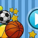 A colorful illustration featuring various sports balls (soccer, basketball, and a bouncing ball) alongside stars, with a prominent play button against a striped blue background