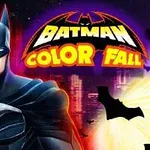 An animated depiction of Batman in his iconic dark costume, set against a colorful city skyline with bats and the title Batman Color Fall prominently featured