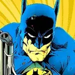 A blue and black comic-style character with a trademark bat emblem on his chest, holding a revolver, against a vibrant yellow burst background