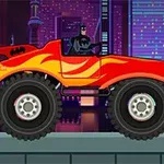 A cartoon-style image of a monster truck with flames design, featuring a superhero figure driving, set against a vibrant city skyline backdrop