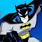 A cartoon depiction of Batman in his iconic dark costume with a yellow emblem, striking a dynamic pose against a vibrant blue background, featuring a silhouette of the Batman logo