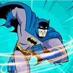 A dynamic illustration of Batman in his classic gray and blue suit, sprinting with determination against a vibrant turquoise background, featuring a swirling motion effect