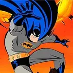 An animated superhero, dressed in a gray and blue Batman costume, strikes a dynamic pose against a vibrant orange and yellow sunset, with iconic bat motifs scattered in the background