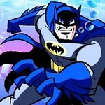 An animated depiction of Batman in a blue and gray suit, striking a heroic pose with a determined expression, surrounded by bubbles and a colorful gradient background