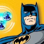 The image features a stylized depiction of Batman in his iconic costume, standing confidently against a bright yellow background, with three floating blue bubbles containing a smaller figure resembling him to the side