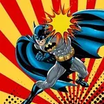 A dynamic illustration of Batman in a fighting pose, featuring bold red and yellow radial lines in the background, with a graphic explosion effect and his iconic blue and gray costume