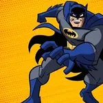 A cartoon depiction of a muscular superhero wearing a blue and gray costume with a bat emblem, posed dynamically against an orange background