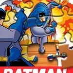 A colorful cartoon puzzle featuring Batman in action, with one puzzle piece missing and the word BATMAN prominently displayed at the bottom