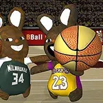 Two cartoonish brown rabbits wearing basketball jerseys, one in a green Milwaukee jersey and the other in a purple Lakers jersey, are joyfully holding large basketballs on a basketball court