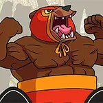 A muscular cartoon character wearing a bear-themed hood and showing off its strength with a fierce expression while seated