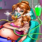 A cartoon-style illustration of a pregnant woman in a hospital setting, wearing an oxygen mask and receiving IV fluids, with a concerned expression and medical equipment visible in the background