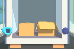 The image shows a view from inside a delivery truck, featuring two cardboard boxes—one upright and one partially open—against a simple, stylized background