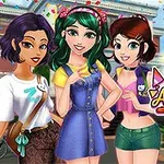 A colorful digital illustration featuring three fashionable animated girls posing together with an art-themed background and confetti, highlighting the title BFF Art Class