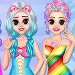 Three colorful cartoon characters with vibrant hair and playful outfits display unique styles, featuring pastel colors and accessories like cat ears and rainbow patterns, set against a light blue background