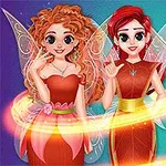 Three colorful, animated fairies with distinct hairstyles and dresses pose together against a vibrant background, each with sparkling wings and magical gestures