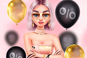 A fashionable character with short, silver hair wearing stylish sunglasses and a sparkling outfit poses confidently among gold and black balloons featuring percentage signs on a pink background