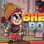 The image features a cartoon character resembling a young warrior with a bow, dressed in traditional attire, standing in a colorful, animated environment, alongside the text Bheem Boys prominently displayed