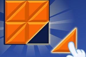 An orange geometric shape is partially placed next to a larger orange square composed of smaller triangles, set against a blue background with radiating light effects