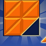 An orange geometric shape is partially placed next to a larger orange square composed of smaller triangles, set against a blue background with radiating light effects