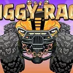 A vibrant illustration of a monster truck with a fierce expression and oversized tires, featuring the bold title BIGGY RACE above in a playful, colorful font against a gradient background