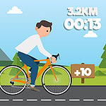 A cartoon-style illustration of a person riding an orange bicycle on a road, with a digital display showing distance (3