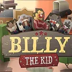 A colorful cartoon-style illustration featuring the title Billy the Kid prominently displayed, surrounded by six stylized characters in cowboy attire against a rustic western backdrop