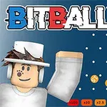 The image features a colorful game interface titled BITBALL, showing a character with a white hat and a yellow shirt, alongside various floating prize values against a blue background