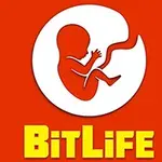 The image features the logo of the mobile game BitLife, displaying a silhouette of a fetus inside a circular shape on a vibrant orange background, with the game title in bold, yellow letters underneath