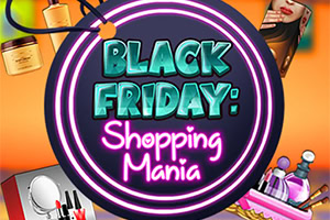A colorful graphic featuring the text Black Friday: Shopping Mania in a playful font, surrounded by various beauty products and shopping-related items against a vibrant background