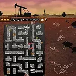 An animated game interface depicting an underground maze of pipes with scattered oil, skeletons, and a background featuring an oil well and western-themed elements like a windmill and water tower