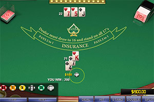 A digital blackjack game interface showing a players hand with a king and seven, along with dealer cards and betting options, including the payout and Insurance feature