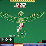 A digital blackjack game interface showing a players hand with a king and seven, along with dealer cards and betting options, including the payout and Insurance feature
