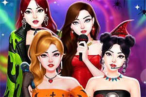 Four glamorous gothic women in Halloween-themed outfits posing against a colorful neon background with spiders and sparkles