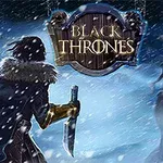 A dark, snowy landscape featuring a cloaked figure holding a dagger facing off against a menacing skeletal creature, with the title Black Thrones prominently displayed above them