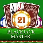 A vibrant graphic featuring playing cards showing an Ace and a Jack, along with a central 21 chip, set against a green background, highlighting the title Blackjack Master