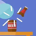 A cartoon-style illustration showing a beer can being hit, with motion lines indicating action, and a bottle flying off to the side against a simple blue background