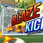 The image features a dynamic soccer-themed graphic with the text BLAZE KICK in bold letters, surrounded by flames, alongside a soccer ball set against a soccer goal backdrop