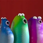 A colorful group of cartoonish, blob-like characters with large eyes and open mouths, set against a red background, appear to be singing or shouting joyfully