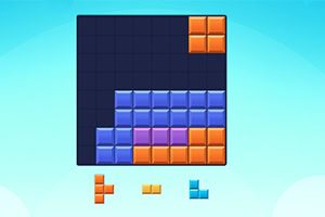 A Tetris-like game screen displaying various colored blocks arranged in a grid on a blue background