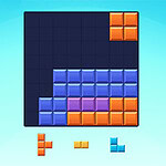 A Tetris-like game screen displaying various colored blocks arranged in a grid on a blue background