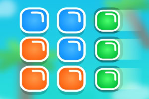 A grid of colorful square buttons in blue, orange, and green, arranged in three rows and four columns, set against a blurred background