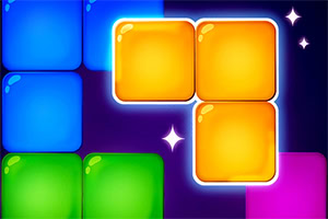 Colorful, glossy block shapes in shades of blue, green, orange, and pink arranged against a dark background, with a glowing outline around some blocks