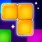 Colorful, glossy block shapes in shades of blue, green, orange, and pink arranged against a dark background, with a glowing outline around some blocks