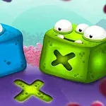 Colorful cartoon characters in the shape of cubes, featuring a blue character with one eye and a green character with two eyes and sharp teeth, set against a vibrant, playful background