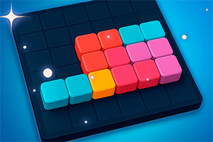 Colorful 3D cube blocks arranged on a dark grid board against a blue background with glowing particles