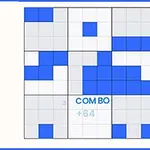 A colorful puzzle game grid featuring various blue blocks on a white background, displaying a COMBO label and scores in the center